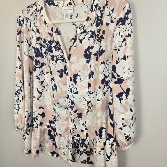 Liz Claiborne Womens Blouse 3/4 Sleeve Floral Pink/Navy PETITE XL Peasant Boho - Picture 2 of 9